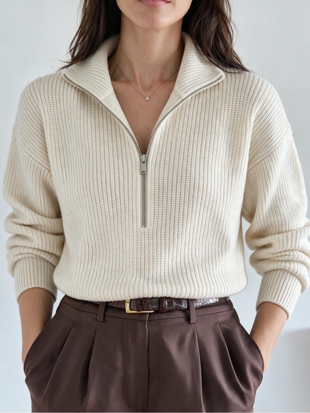 QUINCE Australian Merino Wool 1/2 Zip Fisherman Sweater Heather Bone Sz M Cream